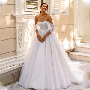 Simple Strapless Long Soft A Line Wedding Dress Sleeves Long Train Bridal Bride Princess Marriage Dresses Gowns