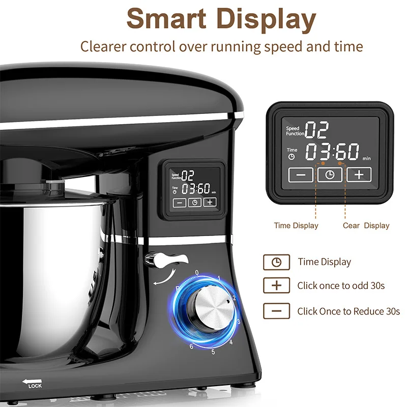 Commercial Stand Mixer 1500W, 6.5L Stainless Steel Bowl 6-Speed, Silent Design Smart Display Multi-Functional Dough Mixer - Image 3