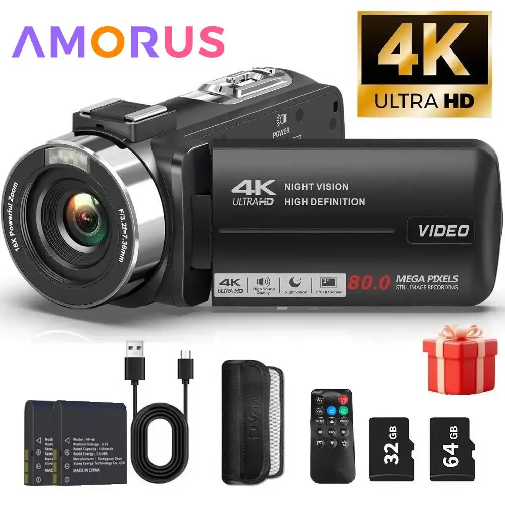 4K Video Camera Camcorder Ultra 80MP Digital Camera Vlogging Camera for YouTube 3.0" IPS 270° Screen IR Night Vision Handheld DV