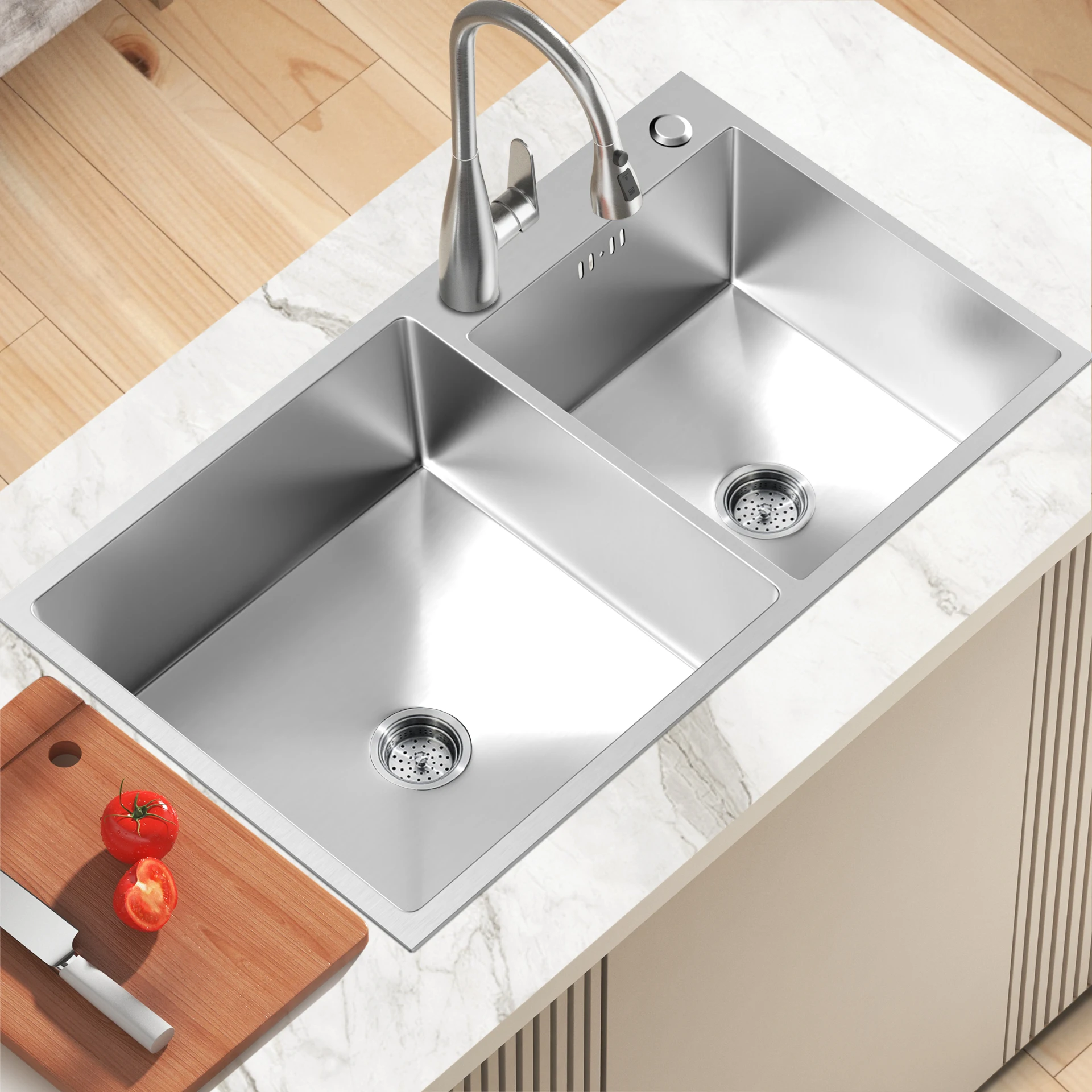 Cheap Modern Handmade Nano Black Top Mount Double Bowl 304 Stainless Steel Kitchen Sink - Image 5