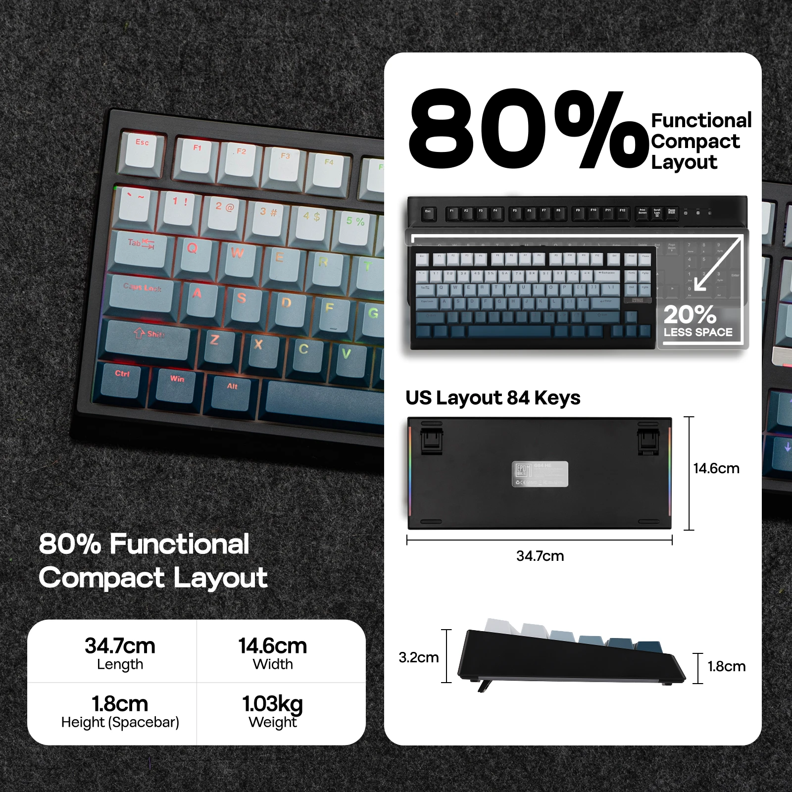 EPOMAKER G84 HE 75% ANSI US Layout Gasket Wired/BT/2.4Ghz Wireless Hall Effect Magnetic Mechanical Keyboard 8K Polling & 8000mAh - Image 3