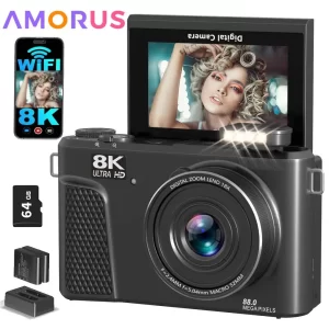 8K Digital Camera for Photography 88MP WiFi Vlogging Camera for YouTube 3"180°Flip Screen 18X Digital Zoom Autofocus Vlog Camera