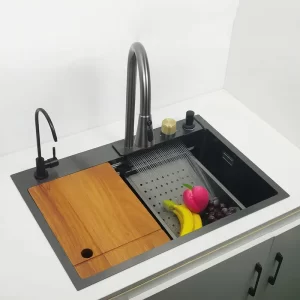 Waterfall Kitchen Sink gun grey Single Bowl Wash Basin with cutting board Nano 304 Stainless Steel DarkGray Waterfall faucet