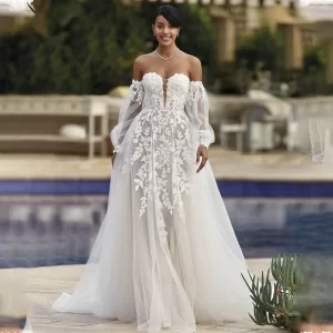 Charming Long Puff Sleeves V-neck 3D Flower Lace Applique Bridal Grown A Line Wedding Dresses Custom Made 2026 Vestido De Noival