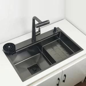 High and low sink Matte Black Nano Coating – Dual Basin Design with High Drain & Low Wash, Humanized Utility Layout Kitchen Sink