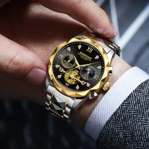 BINBOND New Luxury top Brand Men's Watch Waterproof Luminous Timer Automatic Date Stainless Steel Man Quartz Movement Watch +box