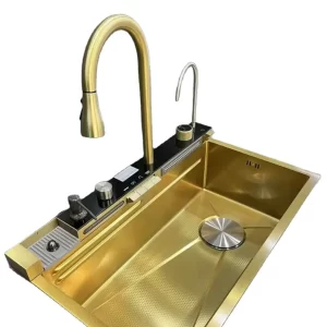 Modern Gold Stainless Steel Single Bowl Kitchen Sink Handcrafted with Smart Waterfall Design Nano Digital Display Faucet