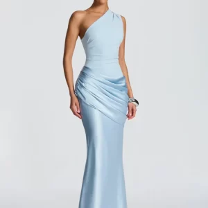 Blifanbo Stain Oblique Shoulder Sexy Maxi Dress Women Gown Ruched Sleeveless Fashion High Waist Club Party Evening Dress Elegant