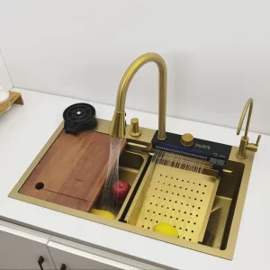 Kitchen Sink Gold Color with Digital Display Flying Rain Faucet Honeycomb Patterned Surface Wear-resistant Scratch-proof Process