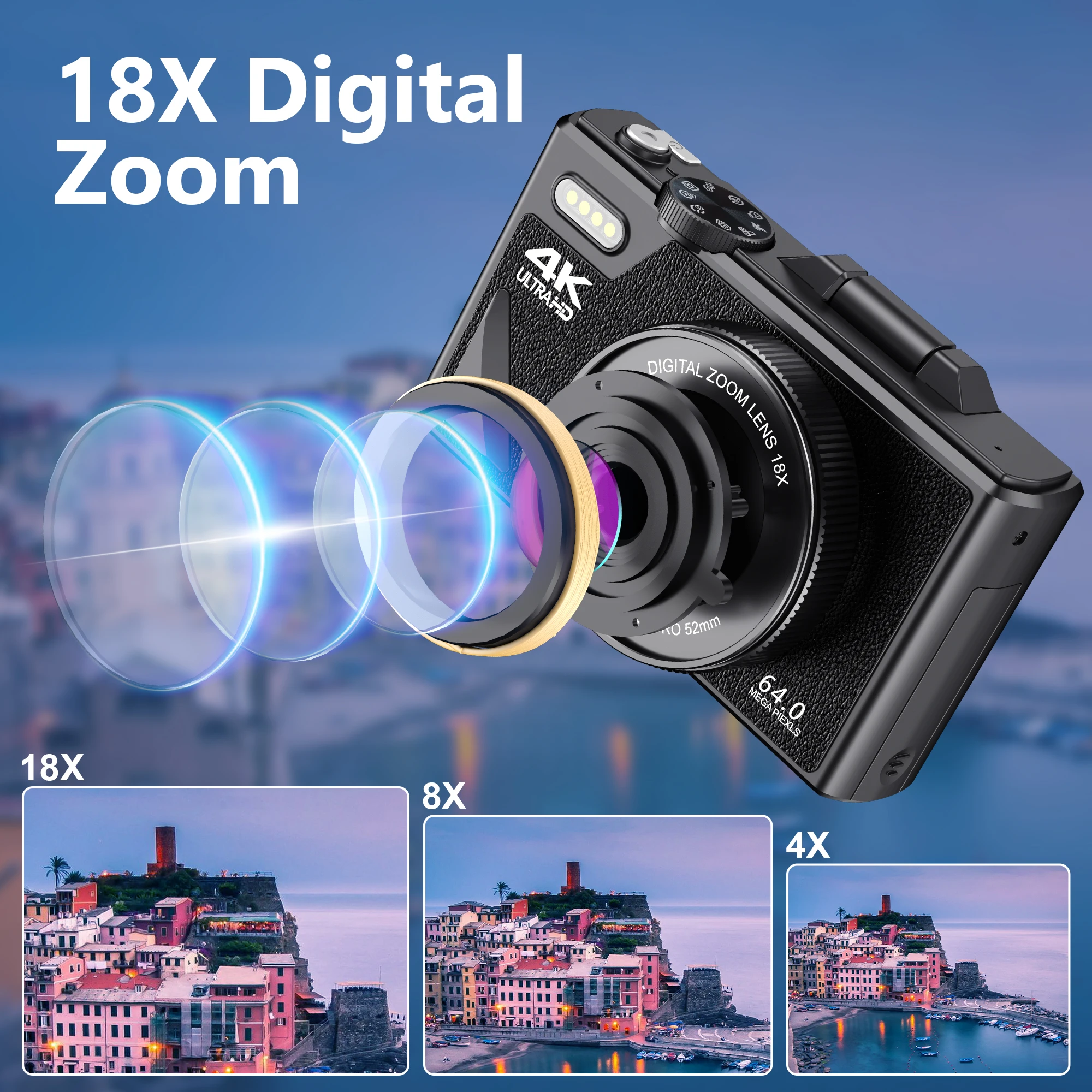 64MP 4K Digital Camera 180° Flip Screen 18X Zoom Selfie Vlog Camcorder Wide Angle Macro UHD Video Camera Livestream WiFi Webcam - Image 3
