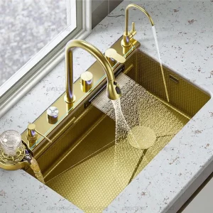 Smart Golden Luxury 304 Stainless Steel Nano Waterfall Rainfall Honeycomb Piano Key Luxury Kitchen Sink