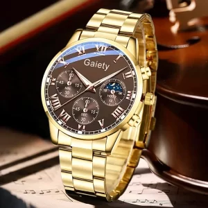 4PC Gold Luxury Men Watch Set Business Trend Roman Digital Scale Round Dial Quartz Watch Bracelet Necklace Ring Set Perfect Gift
