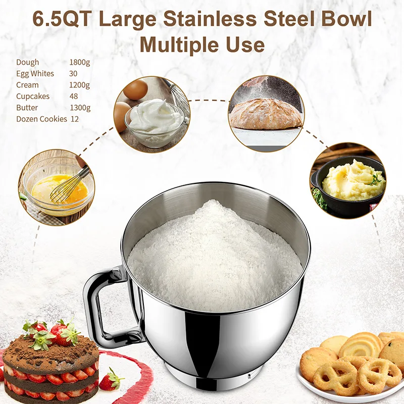 Commercial Stand Mixer 1500W, 6.5L Stainless Steel Bowl 6-Speed, Silent Design Smart Display Multi-Functional Dough Mixer - Image 5