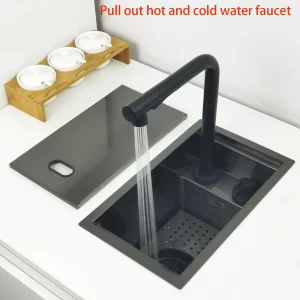Mini Bar Sink Matte Black Nano Coating with Cup Washer Pull-out Lift Faucet Hidden Design with Cover Island Kitchen Sink