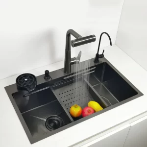 kitchen sink waterfall faucet honeycomb anti-scratch nano technology left drain Stainless Steel sinks 4 function kitchen faucet