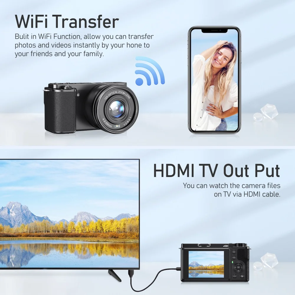 4K 64MP Digital Camera 12X Opticial Zoom 3 inch Touch Screen Vlog Camcorder Video Camera Auto Focus WIFI Livestreaming Webcam - Image 6