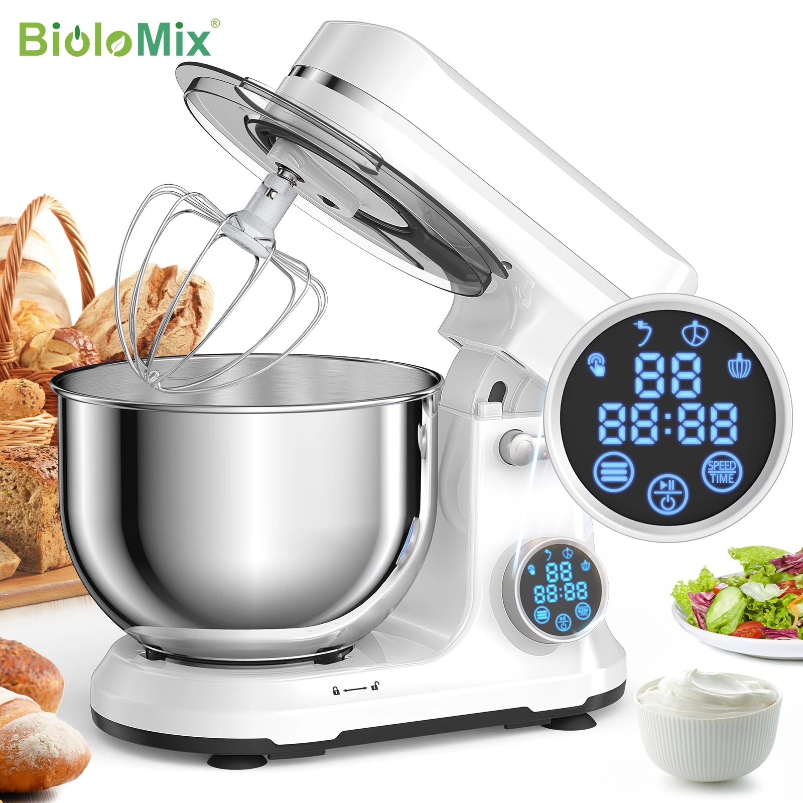 BioloMix Kitchen Food Stand Mixer, 1200W 11-Speeds DC Motor, Digital OLED Screen, Electric Food Mixer with Dough Hook, Whisk - Image 6