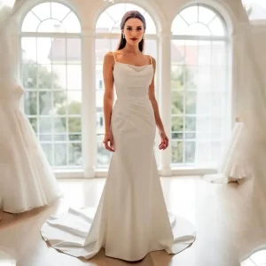 Simple Two Straps Pleat Satin Sheath Wedding Dresses Backless Custom Made 2026 Vestido De Noival