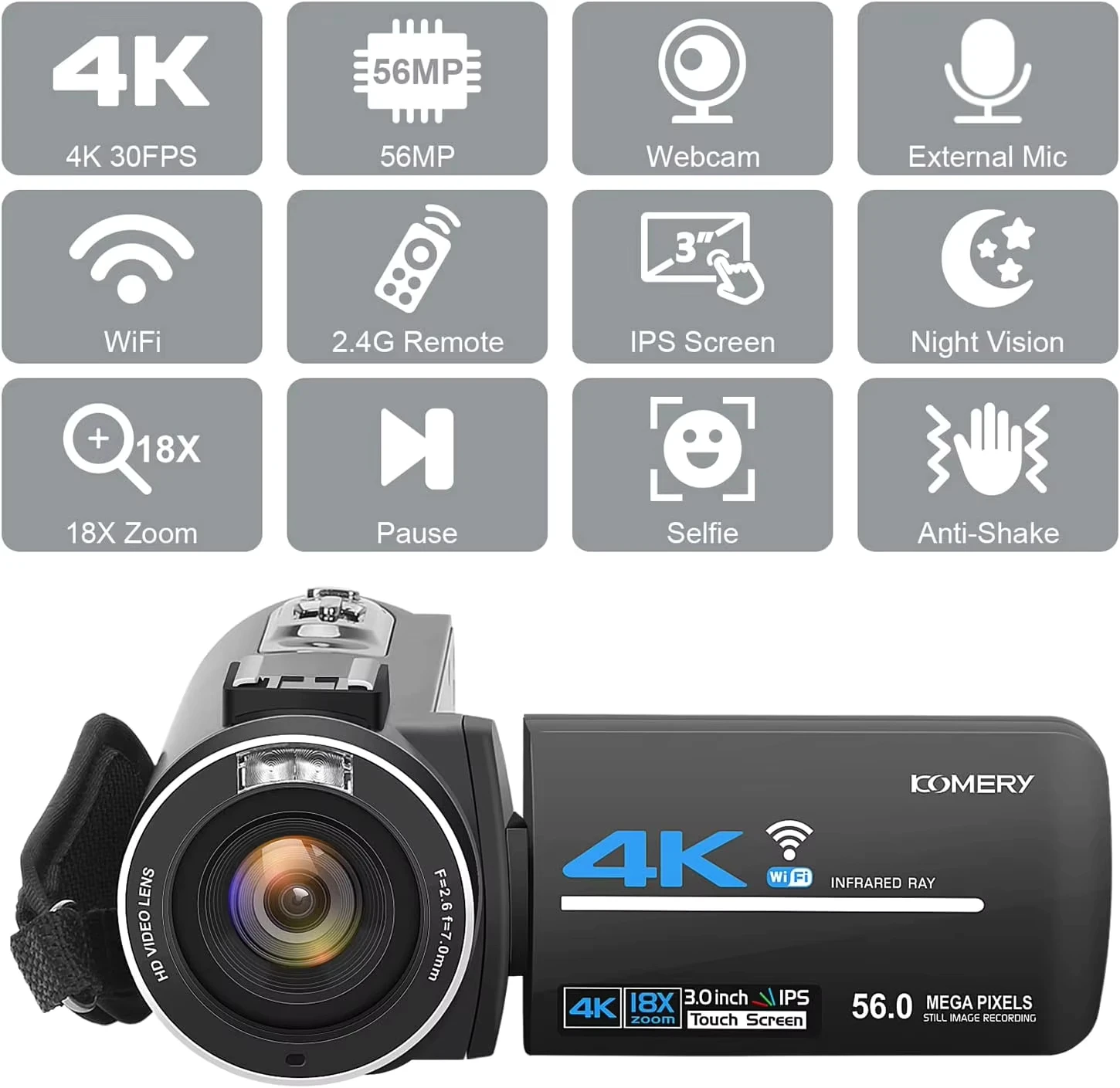 56MP 4K Digital Video Camera 18X Infrared Night Vision Vlogging Camcorder 3.0 inch Touch Screen Youtube Livestream WIFI Webcam - Image 3