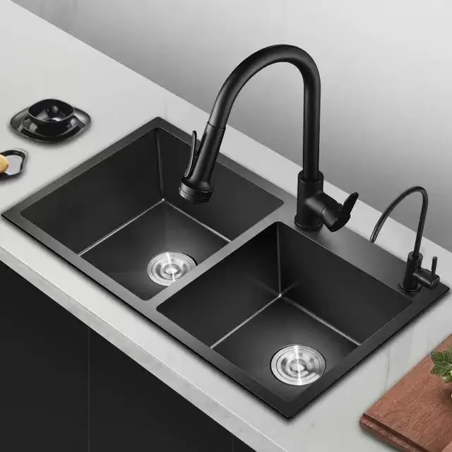 Cheap Modern Handmade Nano Black Top Mount Double Bowl 304 Stainless Steel Kitchen Sink