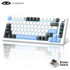 MageGee 75% Mechanical Gaming Keyboard with Knob Control, Compact Blue Backlit Wired Keyboard Black/Brown Switches for PCWindows