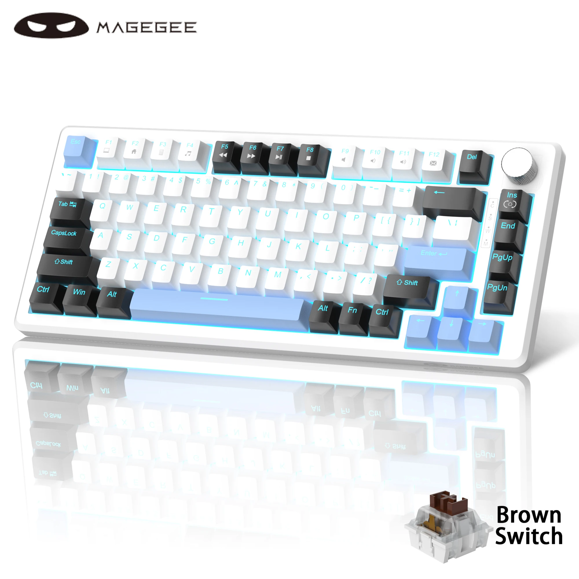 MageGee 75% Mechanical Gaming Keyboard with Knob Control, Compact Blue Backlit Wired Keyboard Black/Brown Switches for PCWindows
