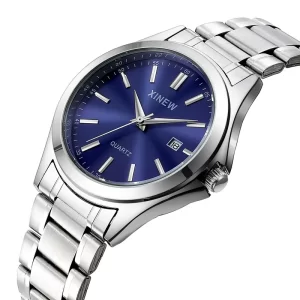 Genuine XINEW Brand Men Watches Students Fashion Casual Full Stainless Steel Band Simple Date Quartz Wrist Vintage Watch Silver