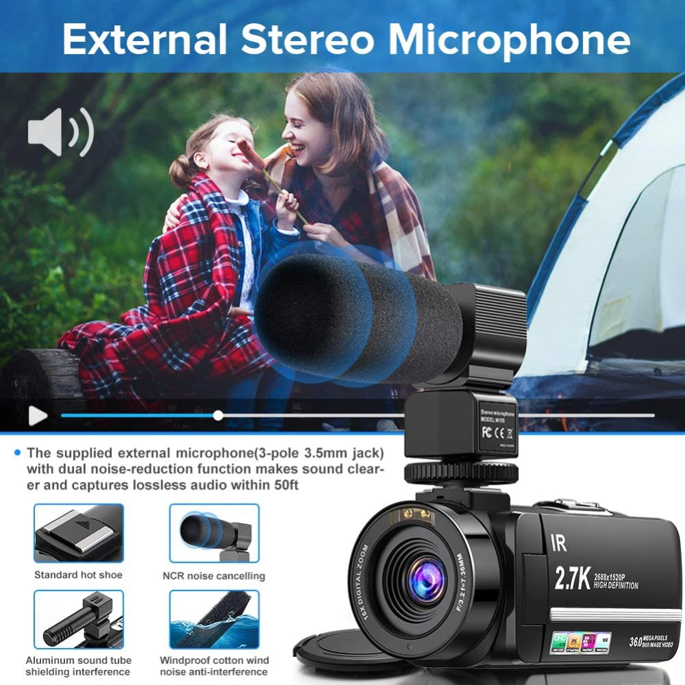 2.7K Camcorder Video Camera 36MP with LED Fill Light,16X Digital Zoom Camera Recorder 3.0" IPS Touch Screen Vlogging Camera Kit - Image 4