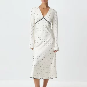 Blifanbo Fashion Satin Polka Dot Print Maxi Dress Women Autumn V Neck Long Sleeve Bodycon Patchwork Club Party Evening Dress New