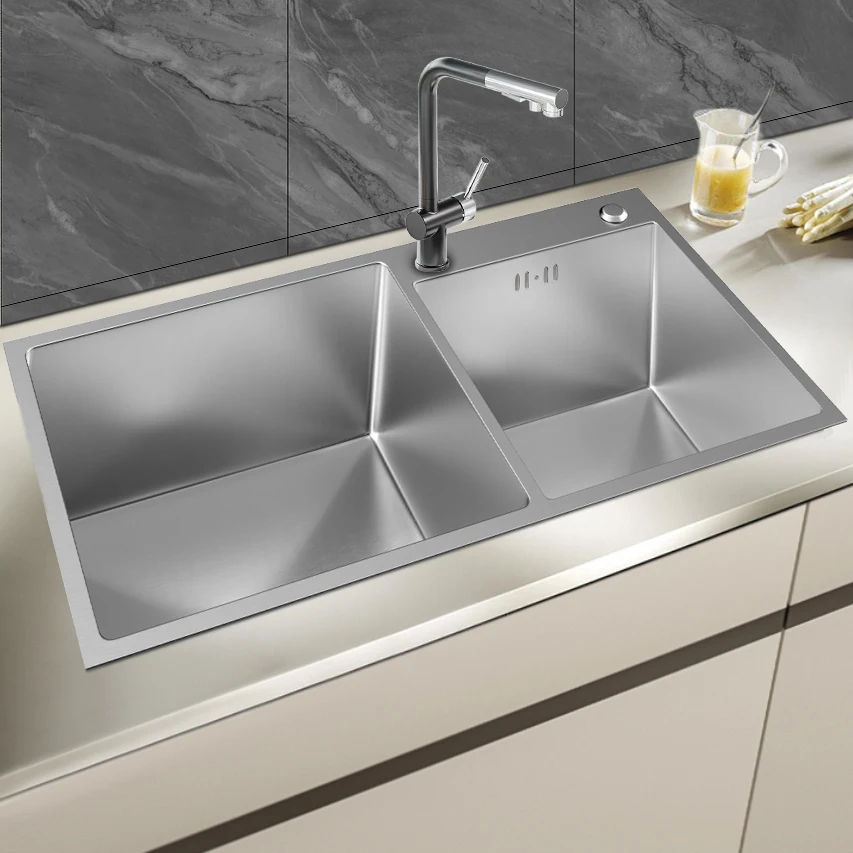Cheap Modern Handmade Nano Black Top Mount Double Bowl 304 Stainless Steel Kitchen Sink - Image 6