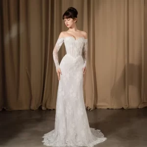 Customized Sheer Long Sleeve Lace Appliques Wedding Dress Mermaid Bridal Dress Bride Formal Wedding Gown Romantic Bridal Wear