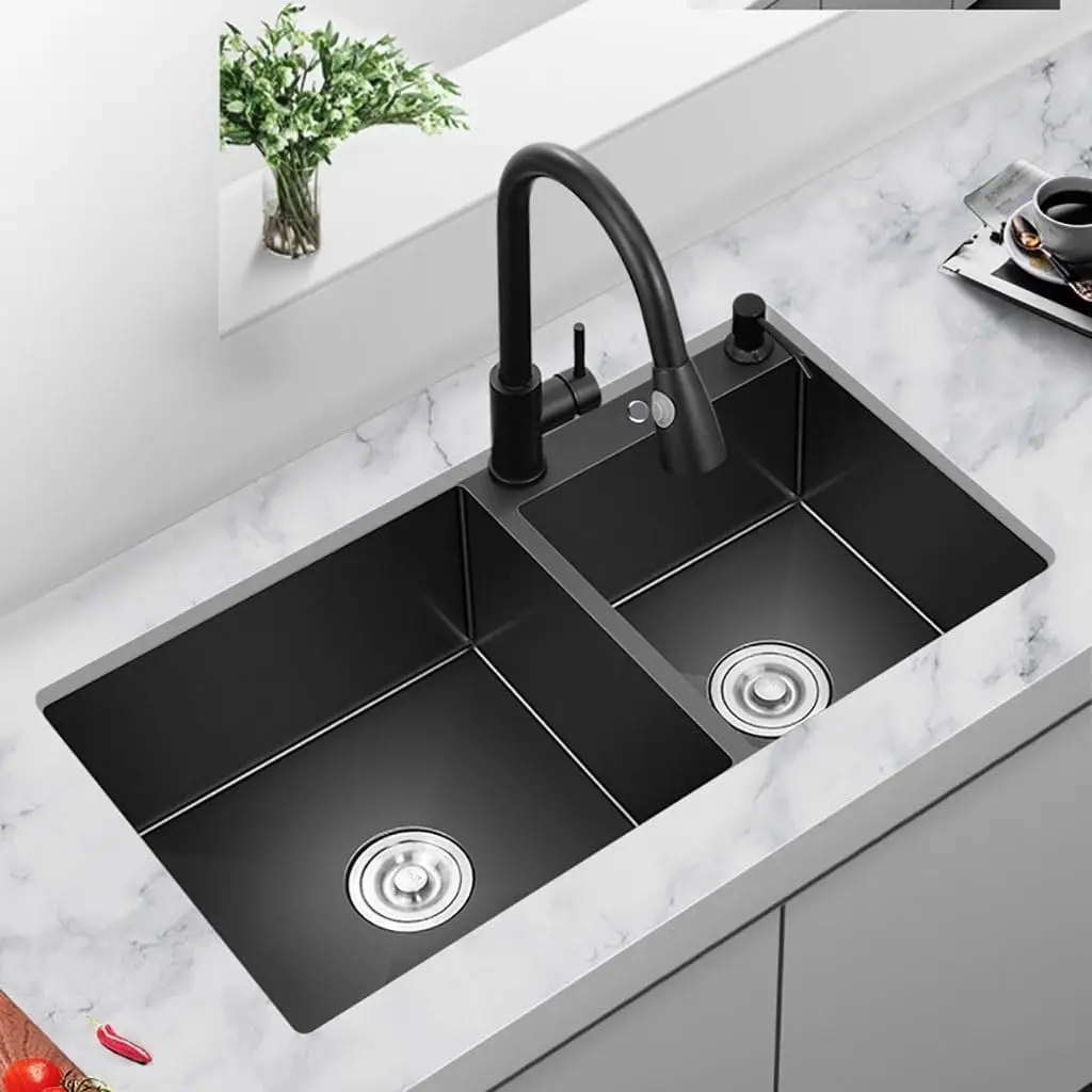 Cheap Modern Handmade Nano Black Top Mount Double Bowl 304 Stainless Steel Kitchen Sink - Image 4