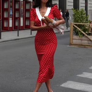 Blifanbo Polka Dot Elegant Split Maxi Dress For Women Short Sleeve Slim Fit V Neck Fashion Patchwork Bodycon Holiday Long Dress