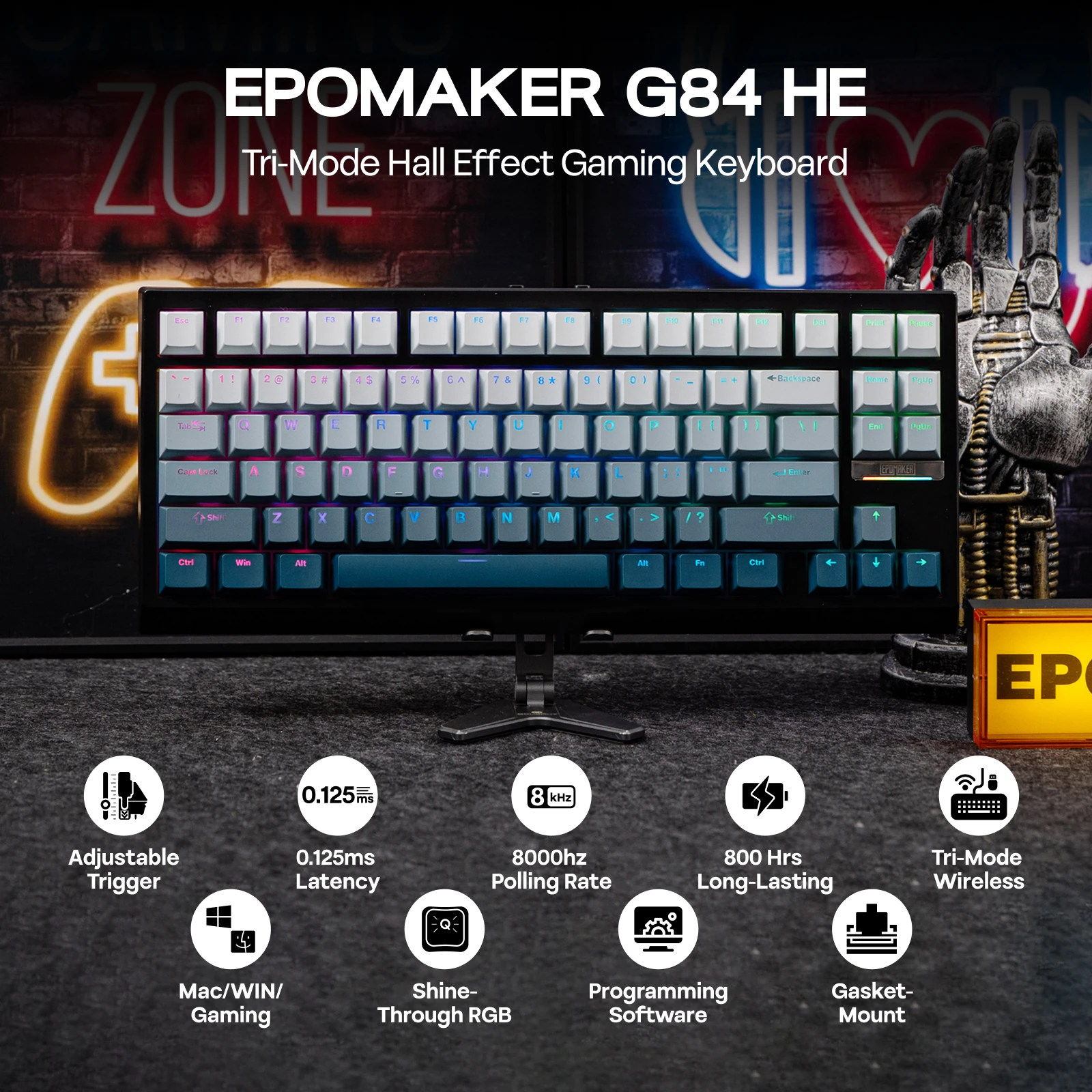 EPOMAKER G84 HE 75% ANSI US Layout Gasket Wired/BT/2.4Ghz Wireless Hall Effect Magnetic Mechanical Keyboard 8K Polling & 8000mAh - Image 2