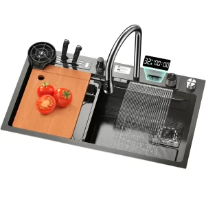 Woreva Modern Smart Kitchen Sink Stainless Steel Nano Black Digital Display Kitchen Sink Faucet Single Bowl Kitchen Sink Set