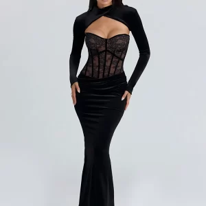 Blifanbo Sexy Lace Patchwork Strapless Maxi Dress Women Hollow Out Backless Long Sleeve Fashion Club Party Long Dress Elegant