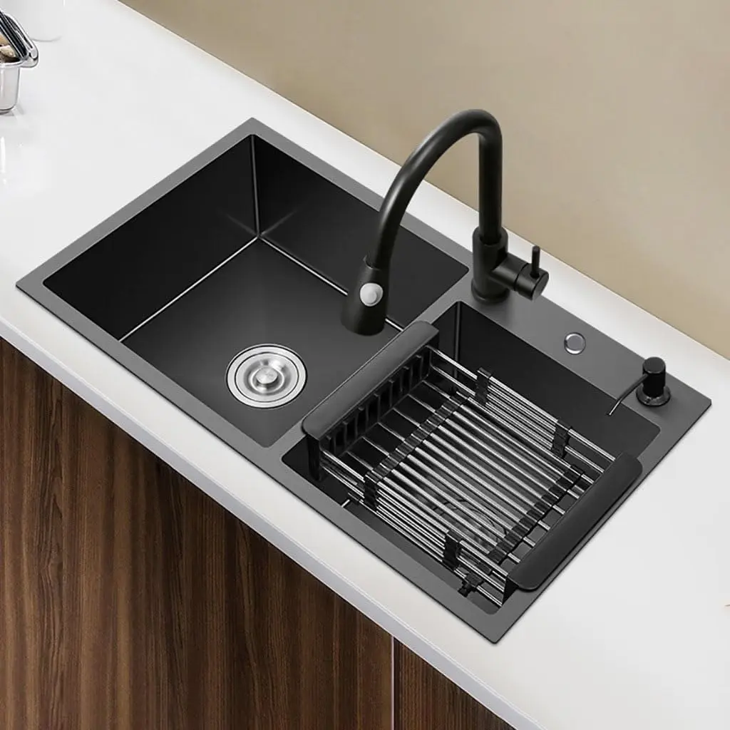 Cheap Modern Handmade Nano Black Top Mount Double Bowl 304 Stainless Steel Kitchen Sink - Image 2