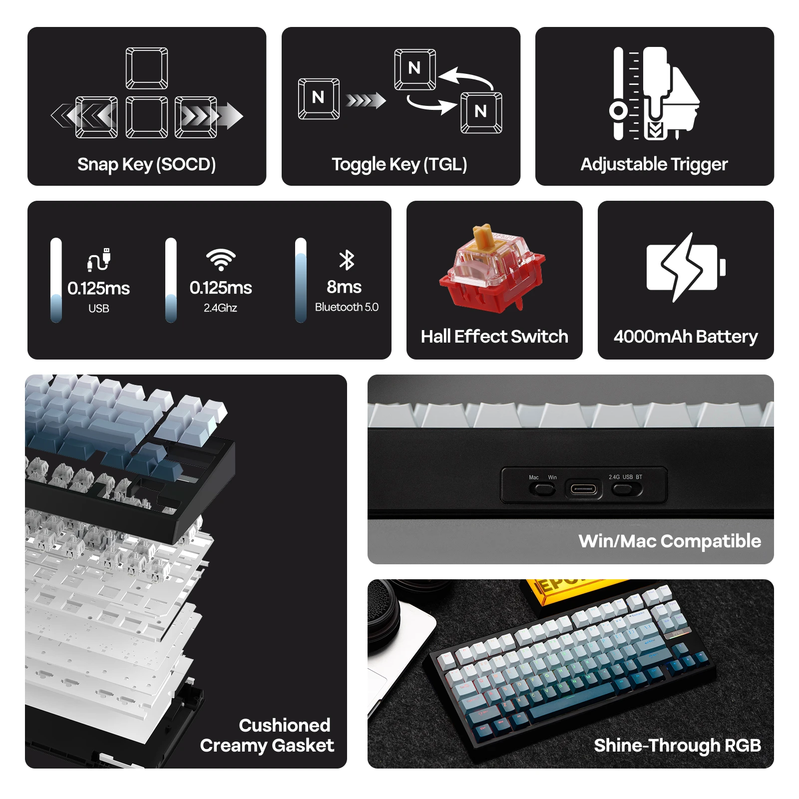 EPOMAKER G84 HE 75% ANSI US Layout Gasket Wired/BT/2.4Ghz Wireless Hall Effect Magnetic Mechanical Keyboard 8K Polling & 8000mAh - Image 5