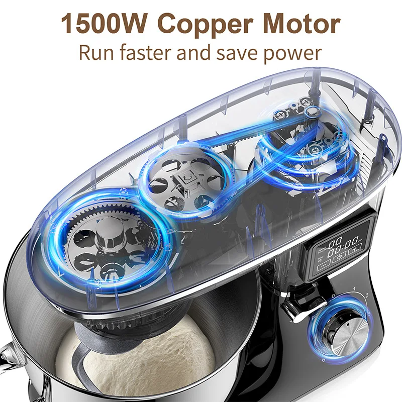 Commercial Stand Mixer 1500W, 6.5L Stainless Steel Bowl 6-Speed, Silent Design Smart Display Multi-Functional Dough Mixer - Image 4
