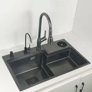 High and low Kitchen sink Nano Stainless Steel vegetable washing basin with cup washer Waterfall faucet Matte Black Sinks