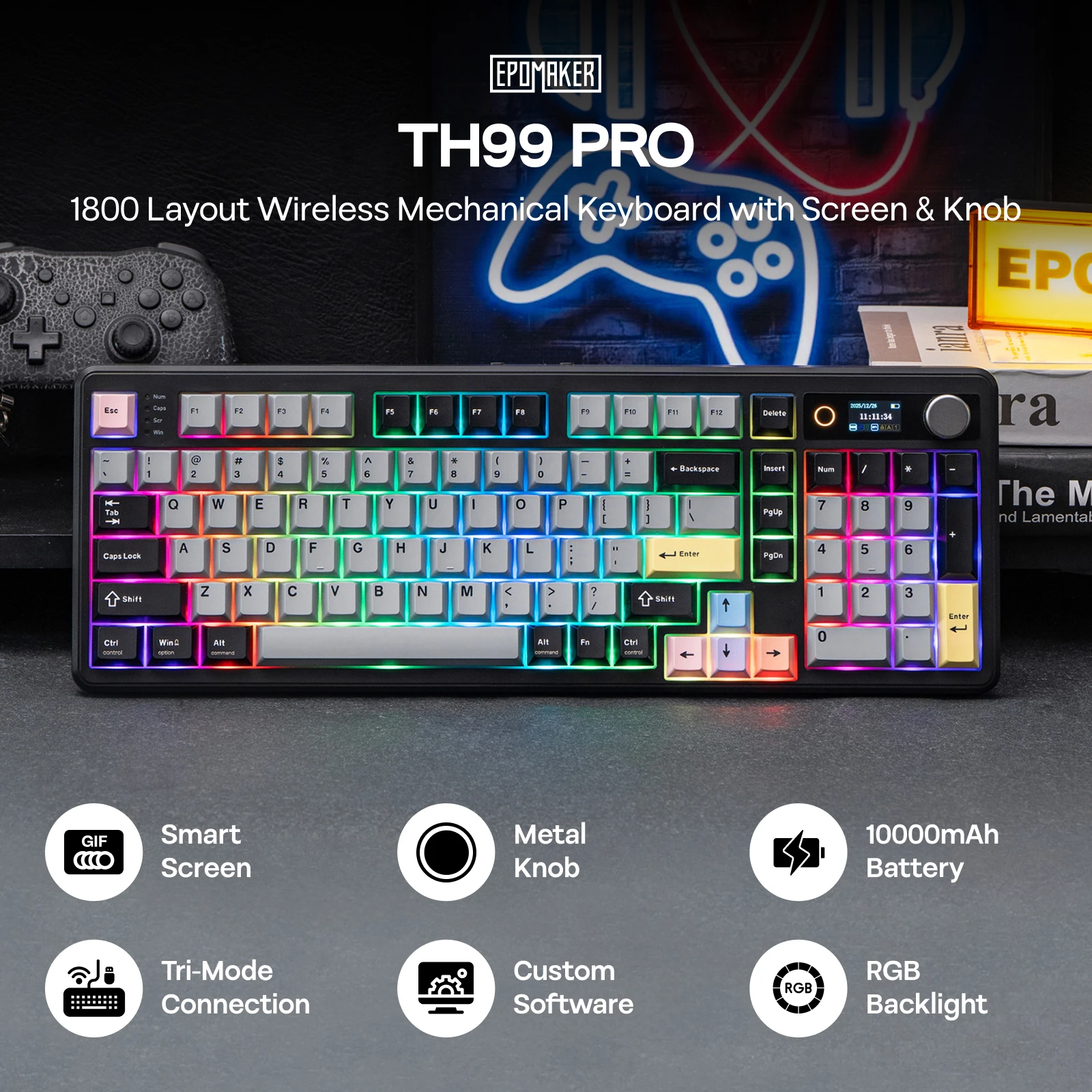 EPOMAKER TH99 PRO 96% ANSI US Layout Gasket-Mounted Wired/BT/2.4Ghz Wireless Mechanical Gaming Keyboard with Screen & Knob - Image 2