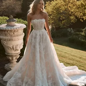 Customized Elegant A-Line Sleeveless Wedding Dress Applique Backless Long Tail Princess Lace Bridal Gown Vestidos de Novia