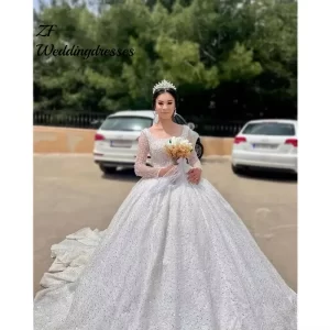 Customized Square Neck Shinny Pearls Beads Wedding Dress for Bride Robes De Mariee Long Sleeves Plus Size Bridal Gowns