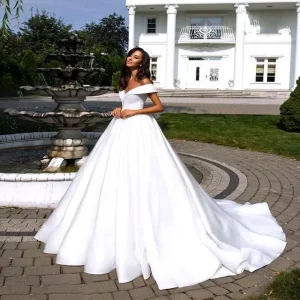 Pure White Elegant Satin A-Line Wedding Dress With Folden V-Neckline Off The Shoulder Lace Up Wedding Gown