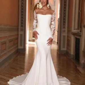 Classic Boho Lace Appliques Mermaid Wedding Dresses Sexy Open Back Button Bridal Gown Pleat Long Sleeves Sweep Train